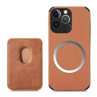 For iPhone 13 Pro Carbon Fiber Leather Card Magsafe Case (Brown)