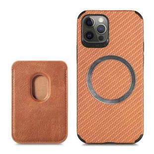 For iPhone 12 Pro Carbon Fiber Leather Card Magsafe Case(Brown)