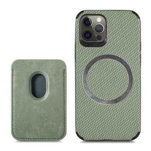 For iPhone 12 Pro Carbon Fiber Leather Card Magsafe Case(Green)