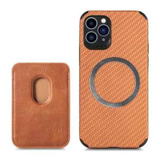 For iPhone 11 Pro Carbon Fiber Leather Card Magsafe Case (Brown)