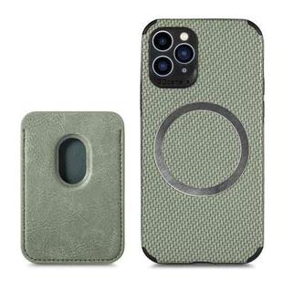 For iPhone 11 Pro Max Carbon Fiber Leather Card Magsafe Case (Green)