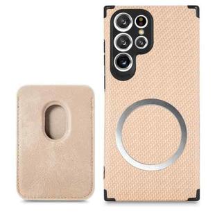 For Samsung Galaxy S22 Ultra 5G Carbon Fiber Leather Card Magsafe Phone Case(Khaki)