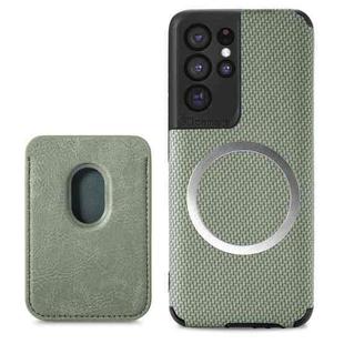 For Samsung Galaxy S21 Ultra 5G Carbon Fiber Leather Card Magsafe Phone Case(Green)