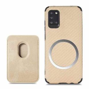 For Samsung Galaxy A31 Carbon Fiber Leather Card Magsafe Phone Case(Khaki)