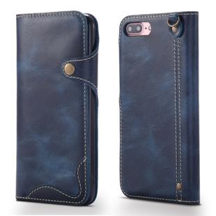 For iPhone 7 Plus / 8 Plus Denior Oil Wax Cowhide Magnetic Button Horizontal Flip Leather Case with Card Slots & Wallet(Dark Blue)