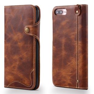 For iPhone 7 Plus / 8 Plus Denior Oil Wax Cowhide Magnetic Button Horizontal Flip Leather Case with Card Slots & Wallet(Brown)