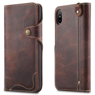 For iPhone X / XS Denior Oil Wax Cowhide Magnetic Button Horizontal Flip Leather Case with Card Slots & Wallet(Brown)