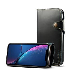 For iPhone XR Denior Oil Wax Cowhide Magnetic Button Horizontal Flip Leather Case with Card Slots & Wallet(Dark Blue)