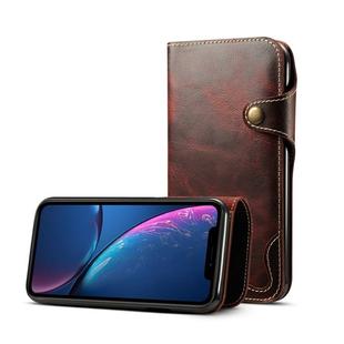 For iPhone XR Denior Oil Wax Cowhide Magnetic Button Horizontal Flip Leather Case with Card Slots & Wallet(Dark Red)