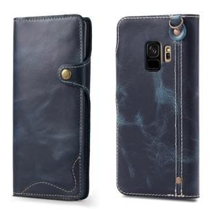 For Galaxy S9 Denior Oil Wax Cowhide Magnetic Button Horizontal Flip Leather Case with Card Slots & Wallet(Dark Blue)