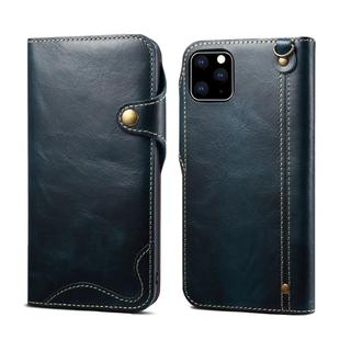 For iPhone 11 Pro Max Denior Oil Wax Cowhide Magnetic Button Horizontal Flip Leather Case with Card Slots & Wallet(Dark Blue)