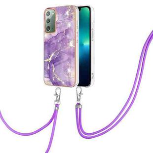 For Samsung Galaxy Note20 Electroplating Marble IMD TPU Phone Case with Lanyard(Purple 002)