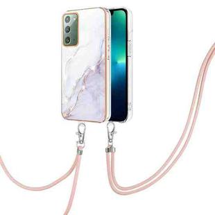 For Samsung Galaxy Note20 Electroplating Marble IMD TPU Phone Case with Lanyard(White 006)
