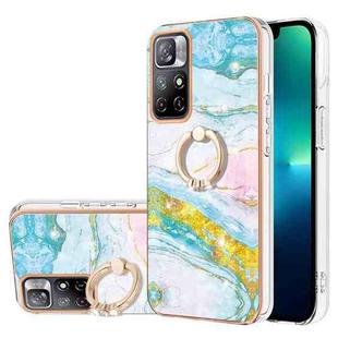For Xiaomi Redmi Note 11 5G China / Poco M4 Pro 5G / Note 11T 5G India Electroplating Marble Pattern IMD TPU Shockproof Phone Case with Ring Holder(Green 004)