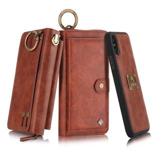 For iPhone X POLA Multi-function Fashion Zipper Magnetic Horizontal Flip Leather Case with Card Slots & Wallet & Photo Frame & Lanyard(Brown)