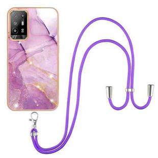 For OPPO A94 5G / A95 5G Electroplating Marble IMD TPU Phone Case with Lanyard(Purple 001)