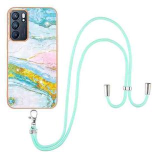 For OPPO Reno6 5G Electroplating Marble IMD TPU Phone Case with Lanyard(Green 004)