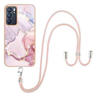 For OPPO Reno6 5G Electroplating Marble IMD TPU Phone Case with Lanyard(Rose Gold 005)