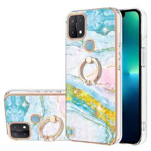 For OPPO A15 / A15s Electroplating Marble Pattern IMD TPU Phone Case with Ring Holder(Green 004)