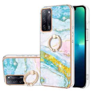 For OPPO A53s 5G / A55 5G / A54 4G / A16 / A54s Electroplating Marble Pattern IMD TPU Phone Case with Ring Holder(Green 004)