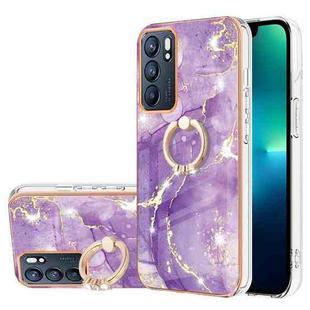 For OPPO Reno6 5G Electroplating Marble Pattern IMD TPU Phone Case with Ring Holder(Purple 002)