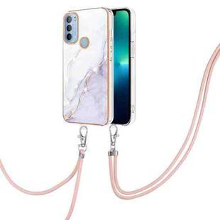 For Motorola Moto G31/G41 Electroplating Marble IMD TPU Phone Case with Lanyard(White 006)