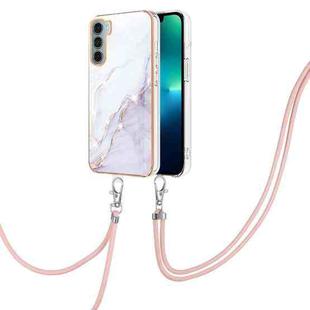 For Motorola Moto G200 Electroplating Marble IMD TPU Phone Case with Lanyard(White 006)