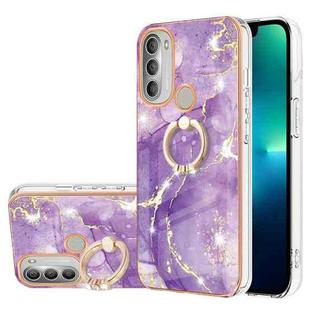 For Motorola Moto G51 5G Electroplating Marble Pattern IMD TPU Shockproof Phone Case with Ring Holder(Purple 002)