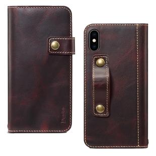 For iPhone XR Denior Oil Wax Cowhide DK Magnetic Button Horizontal Flip Leather Case with Holder & Card Slots & Wallet(Dark Red)