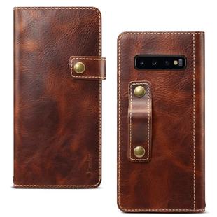 For Galaxy S10 Denior Oil Wax Cowhide DK Magnetic Button Horizontal Flip Leather Case with Holder & Card Slots & Wallet(Brown)