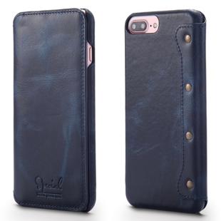 For iPhone 6 Plus / 7 Plus / 8 Plus Denior Oil Wax Cowhide Simple Horizontal Flip Leather Case with Card Slots & Wallet(Dark Blue)