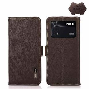 For Xiaomi Poco M4 Pro 4G KHAZNEH Side-Magnetic Litchi Genuine Leather RFID Phone Case(Brown)