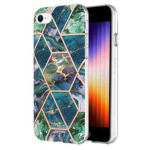For iPhone SE 2022 / SE 2020 / 8 / 7 Electroplating Splicing Marble Flower Pattern Dual-side IMD TPU Shockproof Phone Case(Blue Green)