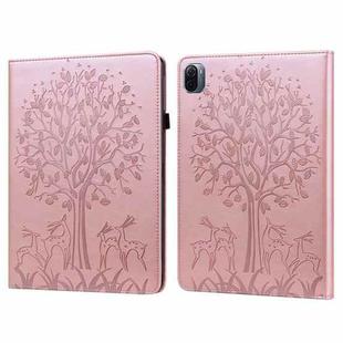 For Xiaomi Pad 5 / 5 Pro Tree & Deer Pattern Pressed Printing Leather Tablet Case with Sleep / Wake-up(Pink)