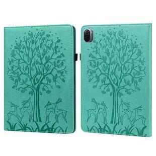 For Xiaomi Pad 5 / 5 Pro Tree & Deer Pattern Pressed Printing Leather Tablet Case with Sleep / Wake-up(Green)
