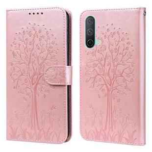 For OnePlus Nord CE 5G Tree & Deer Pattern Pressed Printing Horizontal Flip Leather Phone Case(Pink)
