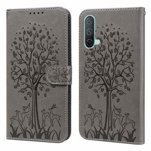 For OnePlus Nord CE 5G Tree & Deer Pattern Pressed Printing Horizontal Flip Leather Phone Case(Grey)