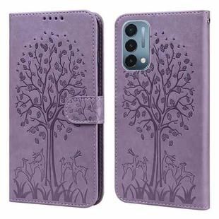 For OnePlus Nord N200 5G Tree & Deer Pattern Pressed Printing Horizontal Flip Leather Phone Case(Purple)