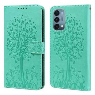 For OnePlus Nord N200 5G Tree & Deer Pattern Pressed Printing Horizontal Flip Leather Phone Case(Green)