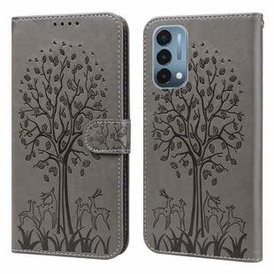 For OnePlus Nord N200 5G Tree & Deer Pattern Pressed Printing Horizontal Flip Leather Phone Case(Grey)