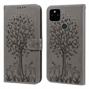 For Google Pixel 5a 5G Tree & Deer Pattern Pressed Printing Horizontal Flip Leather Phone Case(Grey)