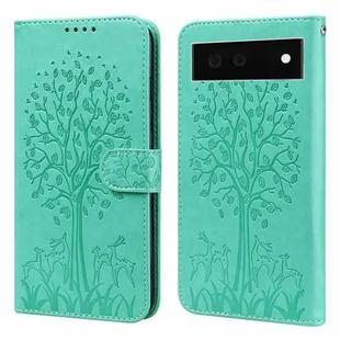 For Google Pixel 6 Tree & Deer Pattern Pressed Printing Horizontal Flip Leather Phone Case(Green)