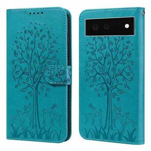 For Google Pixel 6 Tree & Deer Pattern Pressed Printing Horizontal Flip Leather Phone Case(Blue)