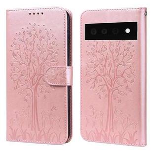 For Google Pixel 6 Pro Tree & Deer Pattern Pressed Printing Horizontal Flip Leather Phone Case(Pink)