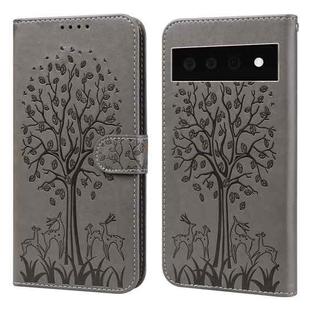 For Google Pixel 6 Pro Tree & Deer Pattern Pressed Printing Horizontal Flip Leather Phone Case(Grey)