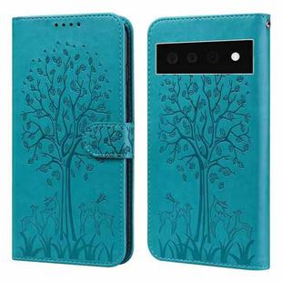 For Google Pixel 6 Pro Tree & Deer Pattern Pressed Printing Horizontal Flip Leather Phone Case(Blue)