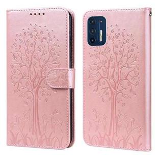 For Motorola Moto G9 Plus Tree & Deer Pattern Pressed Printing Horizontal Flip Leather Phone Case(Pink)