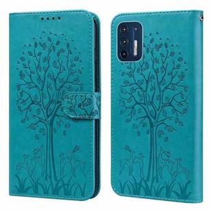 For Motorola Moto G9 Plus Tree & Deer Pattern Pressed Printing Horizontal Flip Leather Phone Case(Blue)