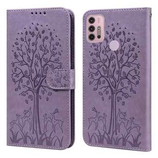 For Motorola Moto G30 / G20 / G10 Tree & Deer Pattern Pressed Printing Horizontal Flip Leather Phone Case(Purple)