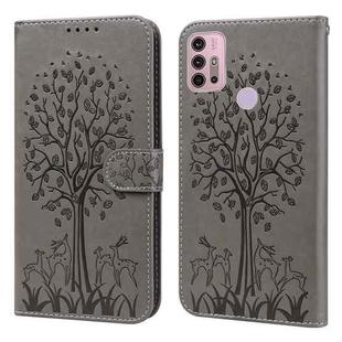 For Motorola Moto G30 / G20 / G10 Tree & Deer Pattern Pressed Printing Horizontal Flip Leather Phone Case(Grey)